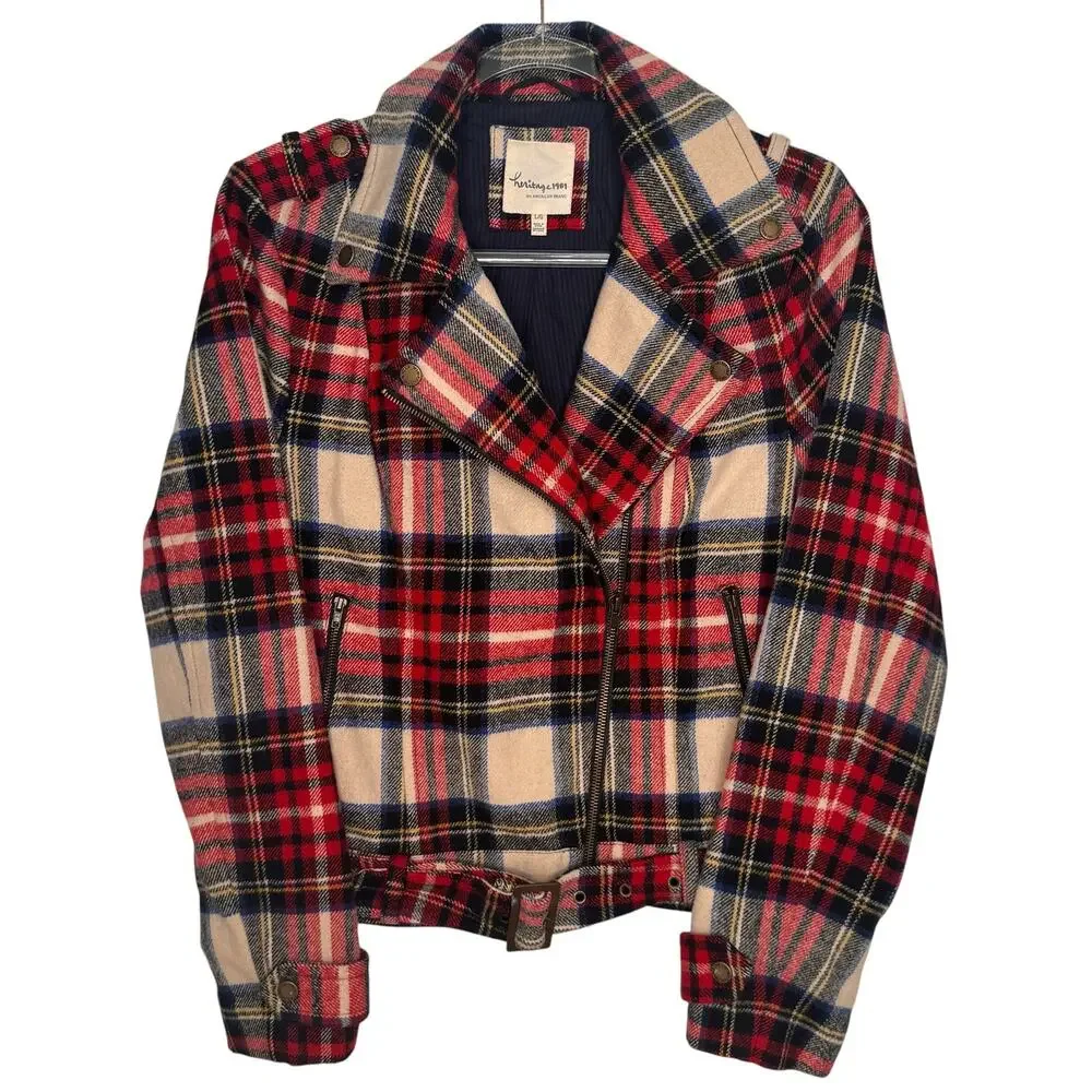 Heritage 1981 Wool Blend Plaid Moto Biker Jacket Belted Red Tartan Preppy Small
